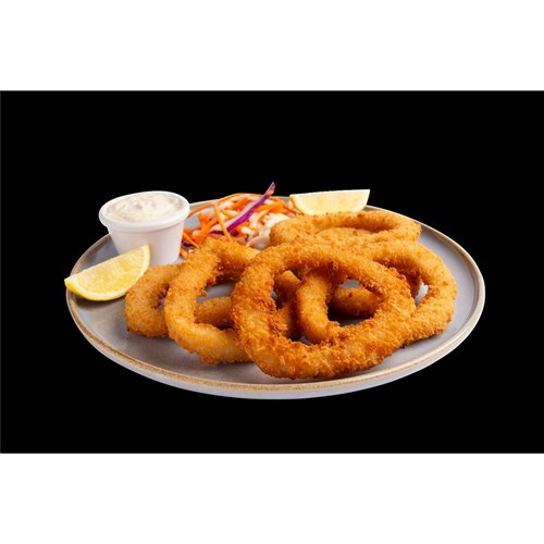 SQUID RINGS LARGE CRUNCHY CRUMBED PANKO IMP 4KG # 1010300768 BLUE WAVE